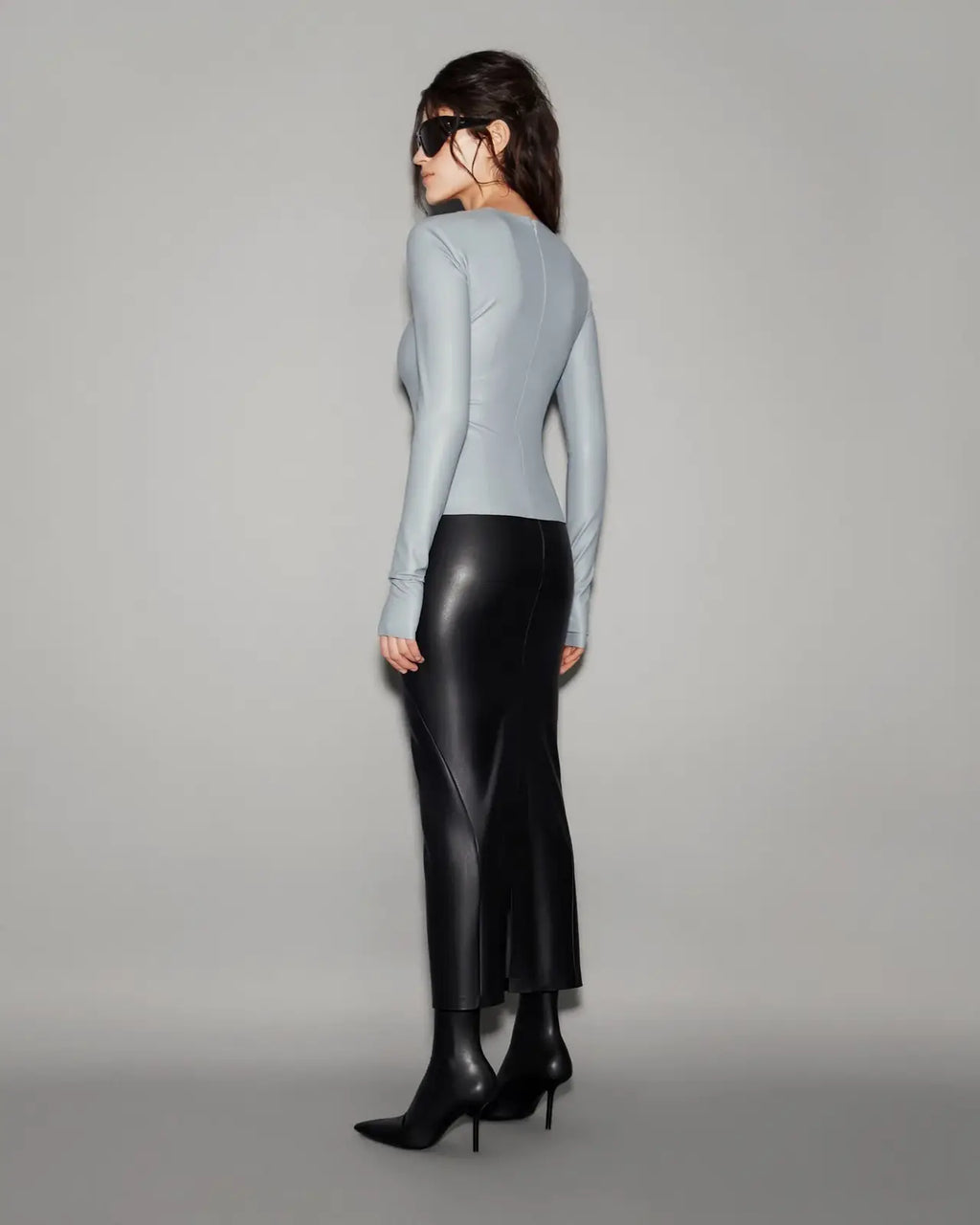 Vegan Leather Sculpted Sleeve Top Slate blue - lookbook 21