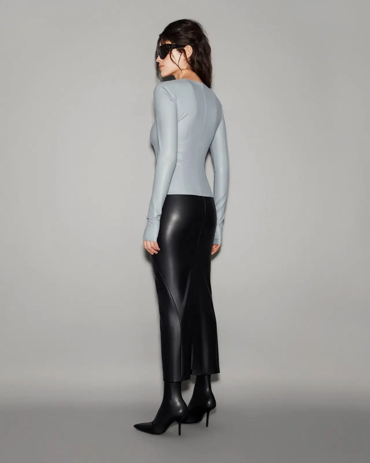 Vegan Leather Sculpted Sleeve Top Slate blue - lookbook 21